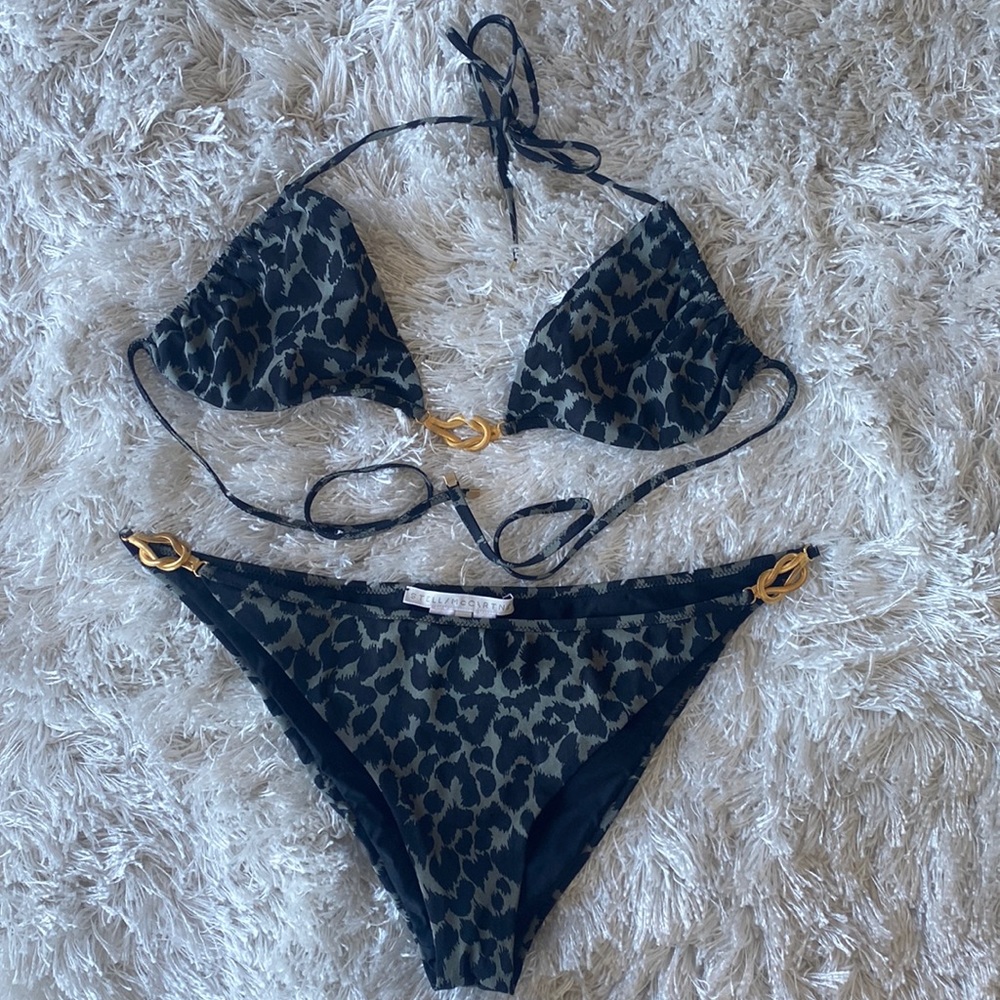 Stella McCartney NWOT leopard print bikini swimsuit with gold metal details